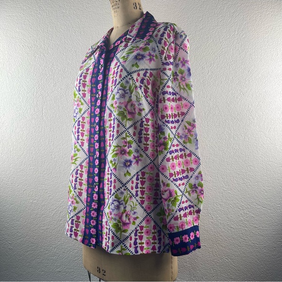 Vintage l 70s L Alex Colman Feminine Floral Silky Pointy Collar Disco Mod Blouse - Picture 4 of 16
